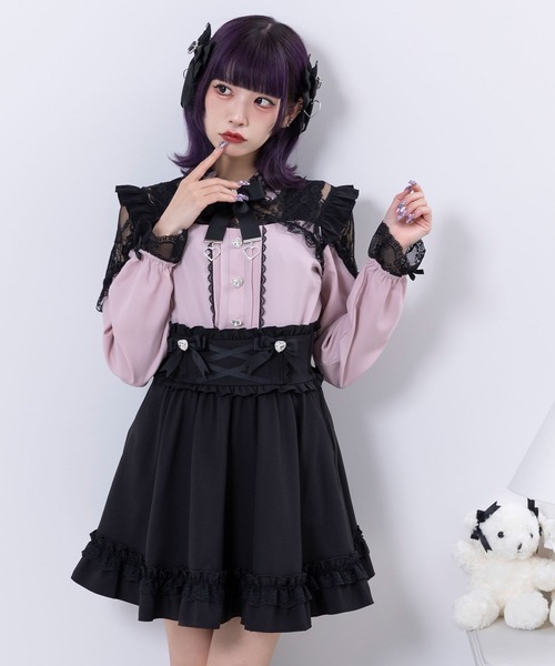 DearMyLove(ディアマイラブ)の「ハートビジューリボンレースアップフリルスカート(スカート・レディース・ベビーピンク/ブラック・X-LARGE/XX-LARGE/MEDIUM/LARGE/SMALL)」の5枚目の写真