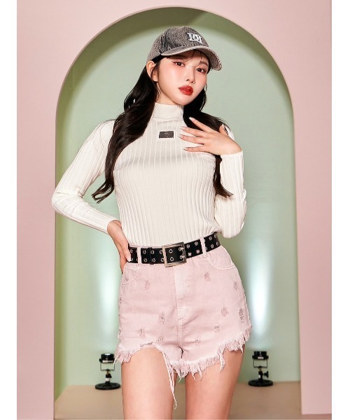 プレートカラーリブニットトップス