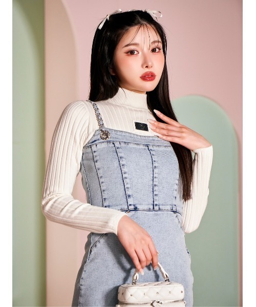 プレートカラーリブニットトップス