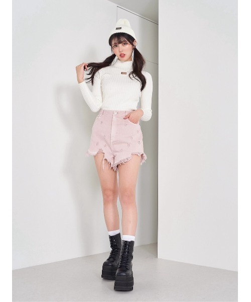 プレートカラーリブニットトップス