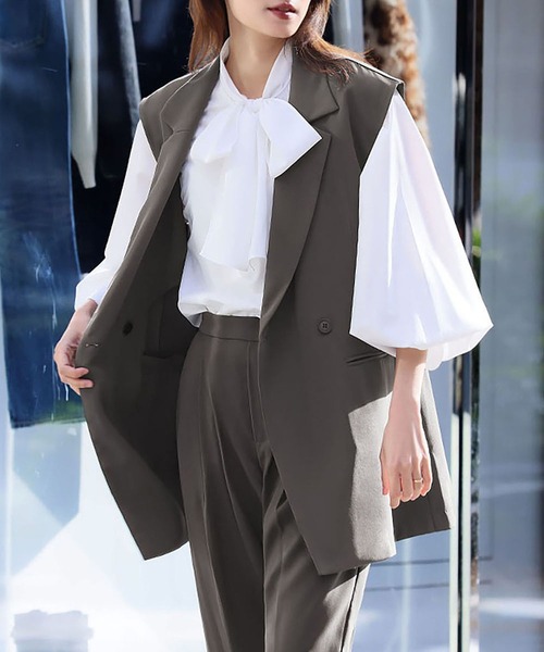 宝石モチーフ 長袖ブラウスジャケット 新色追加》ボウタイ ボリューム袖 ブラウス 長袖 オフィス ビジネス