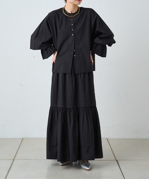 PUAL CE CIN（ピュアルセシン）の「スーピマコットン袖フレアノーカラーブラウス（シャツ/ブラウス・レディース・オフホワイト/ブラック/グレー・FREE）」の12枚目の写真