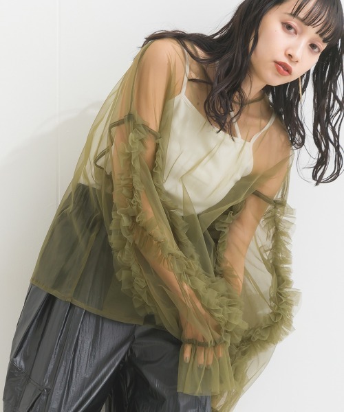 terrace(テラス)の「フリルキャンディースリーブシアープルオーバー(Tシャツ/カットソー・レディース・ブラック/カーキ/ブルー/アイボリー/グレー/ダークオレンジ/ブルーグリーン/チャコール・MEDIUM)」の5枚目の写真