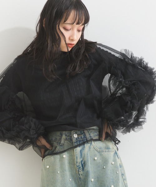 terrace(テラス)の「フリルキャンディースリーブシアープルオーバー(Tシャツ/カットソー・レディース・ブラック/カーキ/ブルー/アイボリー/グレー/ダークオレンジ/ブルーグリーン/チャコール・MEDIUM)」の1枚目の写真