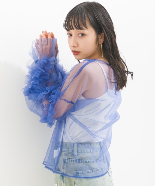 terrace(テラス)の「フリルキャンディースリーブシアープルオーバー(Tシャツ/カットソー・レディース・ブラック/カーキ/ブルー/アイボリー/グレー/ダークオレンジ/ブルーグリーン/チャコール・MEDIUM)」の18枚目の写真