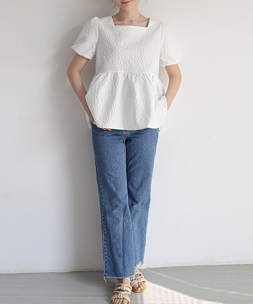 Miniministore(ミニミニストア)の「ペプラムブラウス スクエアネックトップス半袖(シャツ/ブラウス・レディース・ブラック/ブルー/ホワイト/クリーム/ライトブラウン・FREE)」の7枚目の写真