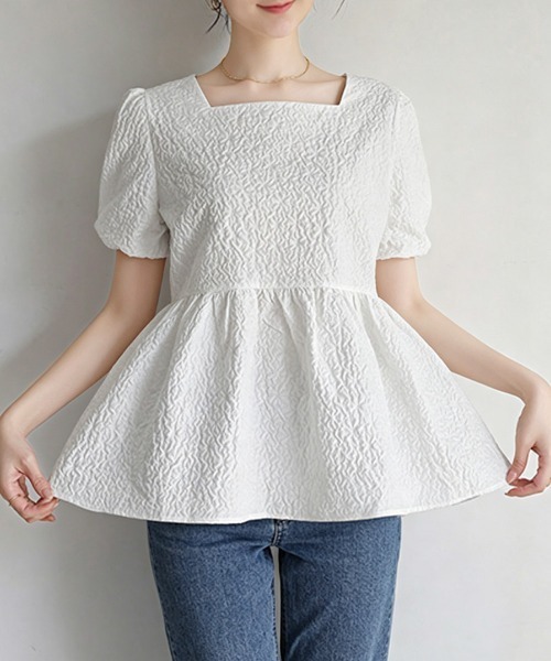 Miniministore(ミニミニストア)の「ペプラムブラウス スクエアネックトップス半袖(シャツ/ブラウス・レディース・ブラック/ブルー/ホワイト/クリーム/ライトブラウン・FREE)」の8枚目の写真