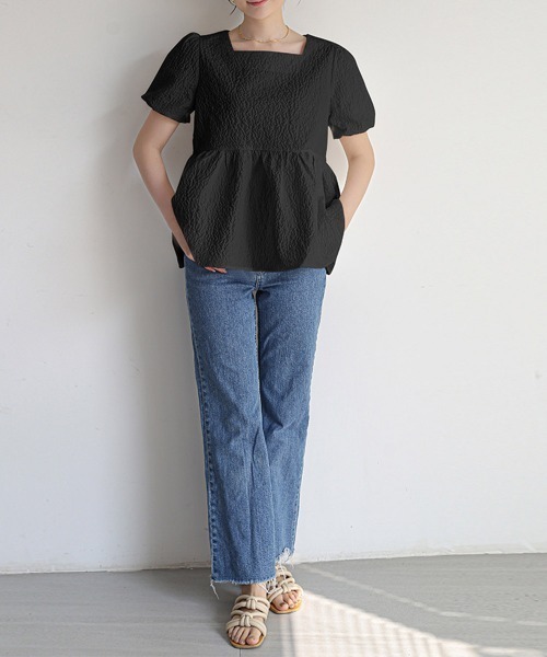 Miniministore(ミニミニストア)の「ペプラムブラウス スクエアネックトップス半袖(シャツ/ブラウス・レディース・ブラック/ブルー/ホワイト/クリーム/ライトブラウン・FREE)」の11枚目の写真