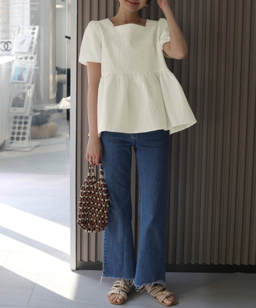 Miniministore(ミニミニストア)の「ペプラムブラウス スクエアネックトップス半袖(シャツ/ブラウス・レディース・ブラック/ブルー/ホワイト/クリーム/ライトブラウン・FREE)」の13枚目の写真