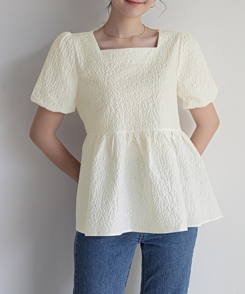 Miniministore(ミニミニストア)の「ペプラムブラウス スクエアネックトップス半袖(シャツ/ブラウス・レディース・ブラック/ブルー/ホワイト/クリーム/ライトブラウン・FREE)」の14枚目の写真