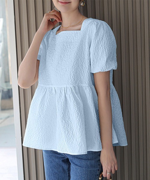 Miniministore(ミニミニストア)の「ペプラムブラウス スクエアネックトップス半袖(シャツ/ブラウス・レディース・ブラック/ブルー/ホワイト/クリーム/ライトブラウン・FREE)」の15枚目の写真