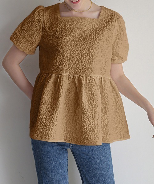 Miniministore(ミニミニストア)の「ペプラムブラウス スクエアネックトップス半袖(シャツ/ブラウス・レディース・ブラック/ブルー/ホワイト/クリーム/ライトブラウン・FREE)」の17枚目の写真