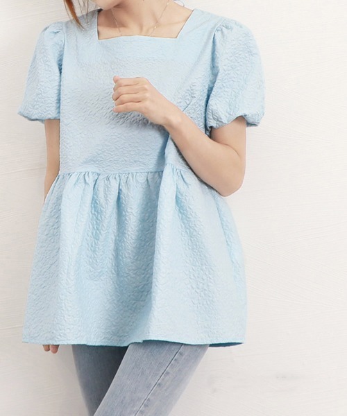 Miniministore(ミニミニストア)の「ペプラムブラウス スクエアネックトップス半袖(シャツ/ブラウス・レディース・ブラック/ブルー/ホワイト/クリーム/ライトブラウン・FREE)」の19枚目の写真