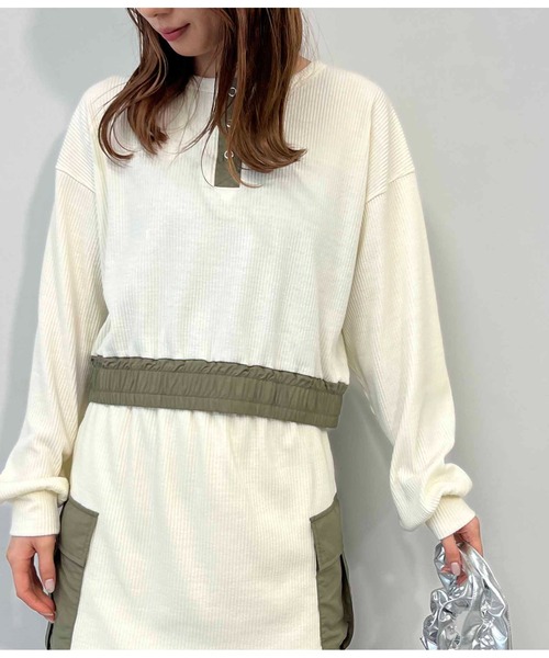 ANAP(アナップ)の「ヘンリーネック異素材切替トップス(Tシャツ/カットソー・レディース・アイボリー/カーキ/ブラック・FREE)」の1枚目の写真