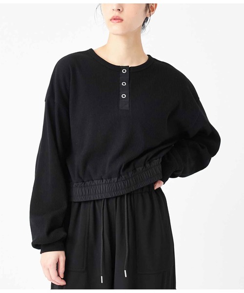 ANAP(アナップ)の「ヘンリーネック異素材切替トップス(Tシャツ/カットソー・レディース・アイボリー/カーキ/ブラック・FREE)」の2枚目の写真