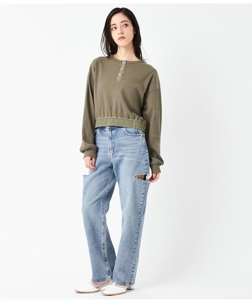 ANAP(アナップ)の「ヘンリーネック異素材切替トップス(Tシャツ/カットソー・レディース・アイボリー/カーキ/ブラック・FREE)」の6枚目の写真