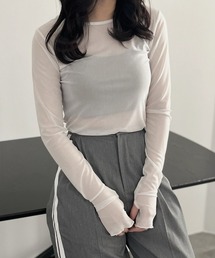 シアーニュアンスプリントトップス/sheer nuance pattern top 長袖 クルーネック シースルー 透け感 パターン マーブル ニュアンス 線画 カジュアル 韓国 Y2K 重ね着 レイヤード チャコールグレー グレー モノトーン 大人モノトーン
