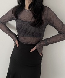 シアーニュアンスプリントトップス/sheer nuance pattern top 長袖 クルーネック シースルー 透け感 パターン マーブル ニュアンス 線画 カジュアル 韓国 Y2K 重ね着 レイヤード チャコールグレー グレー モノトーン 大人モノトーン