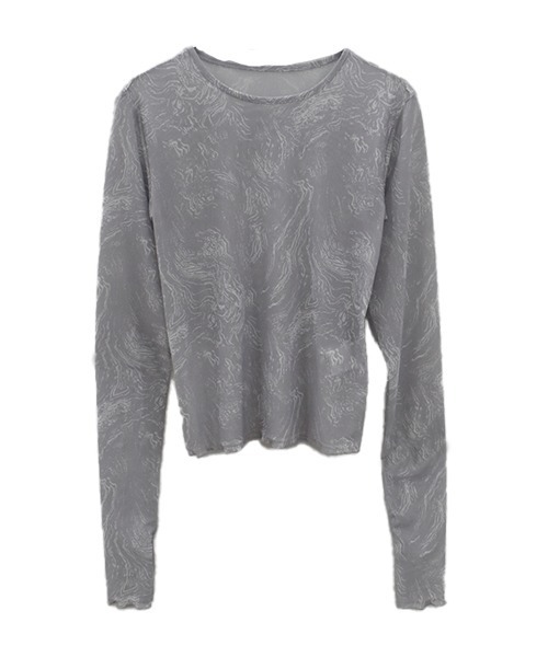Reurie'(レウリィ)の「シアーニュアンスプリントトップス/sheer nuance pattern top 長袖 クルーネック シースルー 透け感 パターン マーブル ニュアンス 線画 カジュアル 韓国 Y2K 重ね着 レイヤード チャコールグレー グレー モノトーン 大人モノトーン(Tシャツ/カットソー・レディース・ライトグレー/ホワイト/チャコールグレー・FREE)」の6枚目の写真