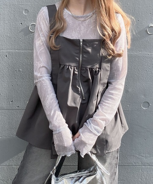Reurie'(レウリィ)の「シアーニュアンスプリントトップス/sheer nuance pattern top 長袖 クルーネック シースルー 透け感 パターン マーブル ニュアンス 線画 カジュアル 韓国 Y2K 重ね着 レイヤード チャコールグレー グレー モノトーン 大人モノトーン(Tシャツ/カットソー・レディース・ライトグレー/ホワイト/チャコールグレー・FREE)」の9枚目の写真