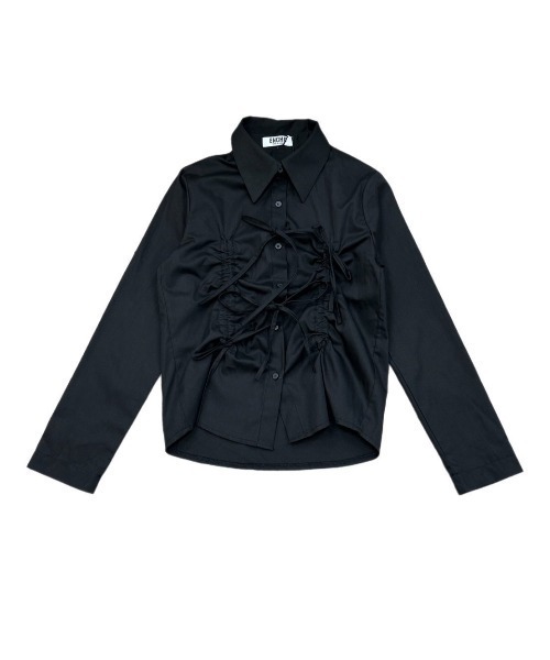 Never mind the XU / Chikashitsu+（ネバーマインド ザ エックスユー / チカシツプラス）の「韓国ファッション nmtc + エヌエムティーシープラス ribbon crop shirt リボンシャツ リボンブラウス 長袖トップス 長袖シャツ カットソー シャーリングトップス バレエコア Y2Kファッション（シャツ/ブラウス・レディース・ブラック/ホワイト/ライトピンク・ONE SIZE）」の15枚目の写真