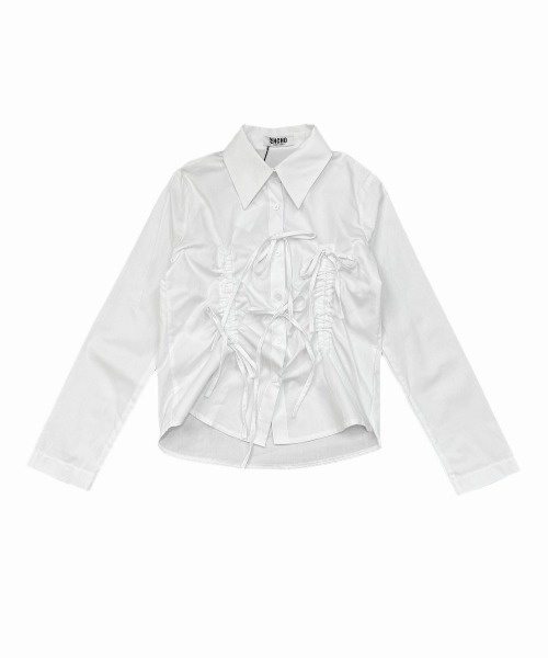 Never mind the XU / Chikashitsu+（ネバーマインド ザ エックスユー / チカシツプラス）の「韓国ファッション nmtc + エヌエムティーシープラス ribbon crop shirt リボンシャツ リボンブラウス 長袖トップス 長袖シャツ カットソー シャーリングトップス バレエコア Y2Kファッション（シャツ/ブラウス・レディース・ブラック/ホワイト/ライトピンク・ONE SIZE）」の14枚目の写真