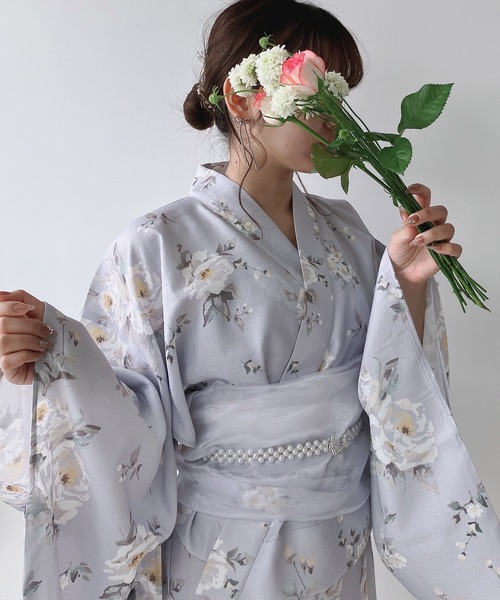 【専用】浴衣3点セット＋パールベルト 即日発送】【浴衣セール】【浴衣】ベージュ×フラワーレース浴衣