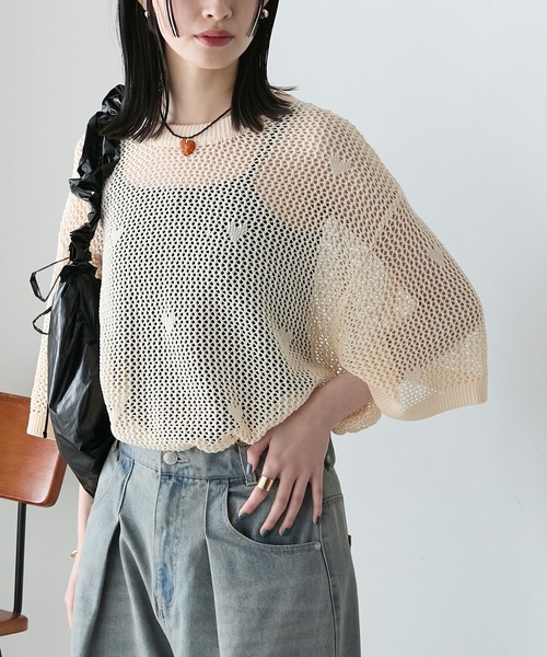 forksy.】ハート柄メッシュサマーニット（ニット/セーター）｜forksy