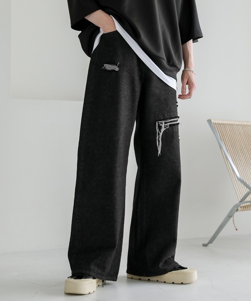 ASTRONOMY（アストロノミー）の「12オンスハイウエストワイドバギーダメージストレートデニム（デニムパンツ・メンズ・ブルー系/ブラック/ブラック系/ブルー・XL/L/M/S）」の4枚目の写真