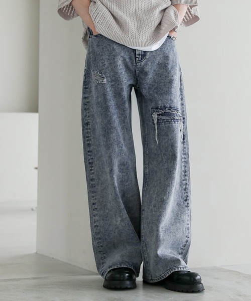 ASTRONOMY（アストロノミー）の「12オンスハイウエストワイドバギーダメージストレートデニム（デニムパンツ・メンズ・ブルー系/ブラック/ブラック系/ブルー・XL/L/M/S）」の2枚目の写真