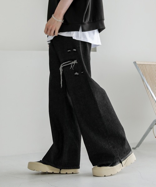 ASTRONOMY（アストロノミー）の「12オンスハイウエストワイドバギーダメージストレートデニム（デニムパンツ・メンズ・ブルー系/ブラック/ブラック系/ブルー・XL/L/M/S）」の8枚目の写真