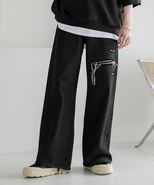 ASTRONOMY（アストロノミー）の「12オンスハイウエストワイドバギーダメージストレートデニム（デニムパンツ・メンズ・ブルー系/ブラック/ブラック系/ブルー・XL/L/M/S）」の6枚目の写真