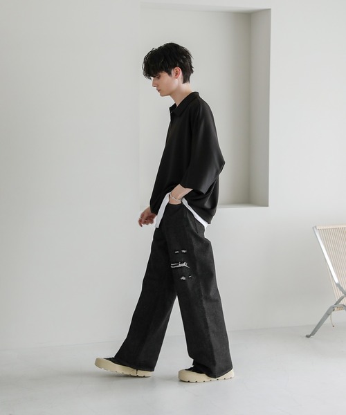 ASTRONOMY（アストロノミー）の「12オンスハイウエストワイドバギーダメージストレートデニム（デニムパンツ・メンズ・ブルー系/ブラック/ブラック系/ブルー・XL/L/M/S）」の12枚目の写真