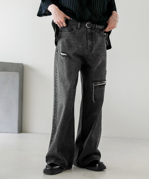 ASTRONOMY（アストロノミー）の「12オンスハイウエストワイドバギーダメージストレートデニム（デニムパンツ・メンズ・ブルー系/ブラック/ブラック系/ブルー・XL/L/M/S）」の16枚目の写真