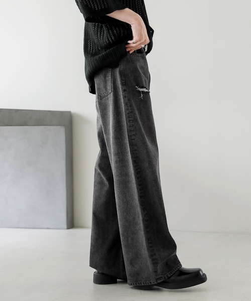 ASTRONOMY（アストロノミー）の「12オンスハイウエストワイドバギーダメージストレートデニム（デニムパンツ・メンズ・ブルー系/ブラック/ブラック系/ブルー・XL/L/M/S）」の17枚目の写真