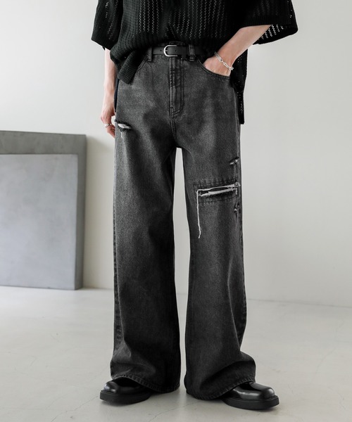 ASTRONOMY（アストロノミー）の「12オンスハイウエストワイドバギーダメージストレートデニム（デニムパンツ・メンズ・ブルー系/ブラック/ブラック系/ブルー・XL/L/M/S）」の20枚目の写真