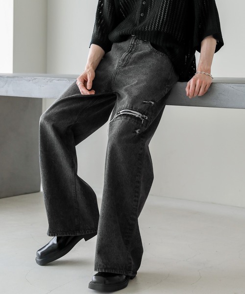 ASTRONOMY（アストロノミー）の「12オンスハイウエストワイドバギーダメージストレートデニム（デニムパンツ・メンズ・ブルー系/ブラック/ブラック系/ブルー・XL/L/M/S）」の21枚目の写真