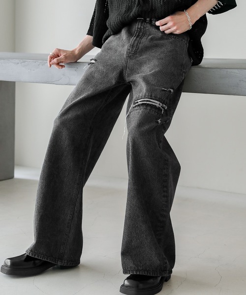 ASTRONOMY（アストロノミー）の「12オンスハイウエストワイドバギーダメージストレートデニム（デニムパンツ・メンズ・ブルー系/ブラック/ブラック系/ブルー・XL/L/M/S）」の22枚目の写真