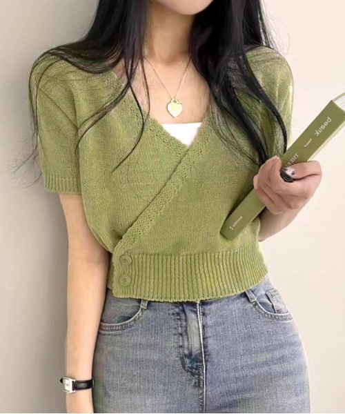 pumpkin port(パンプキンポート)の「カシュクールニットソー(Tシャツ/カットソー・レディース・ブラック/ブルー/グリーン/アイボリー・M)」の3枚目の写真