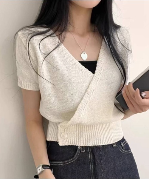 pumpkin port(パンプキンポート)の「カシュクールニットソー(Tシャツ/カットソー・レディース・ブラック/ブルー/グリーン/アイボリー・M)」の2枚目の写真