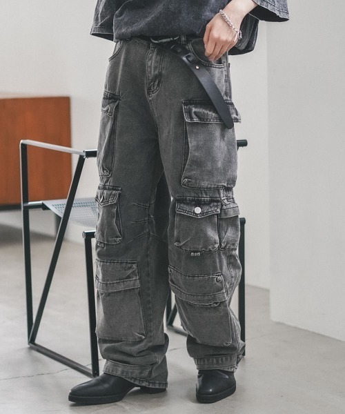 BERNINGS-SHO ボンテージチェックカーゴパンツ　洗濯縮み有り！ BERNINGS SHO Uneven Dyeing Zip Bondage Pants |