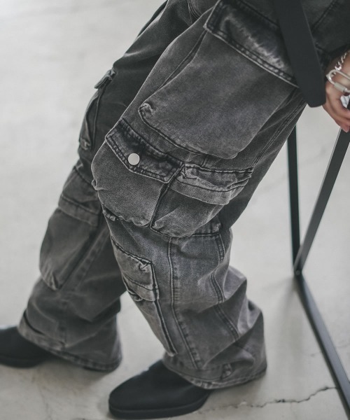セール】ブラックビンテージウォッシュデニムカーゴパンツ