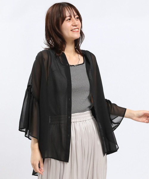 GLOBAL WORK Smile Seed Store（グローバルワーク スマイルシードストア）の「袖フレアシアーチュニック5分袖/135216（シャツ/ブラウス・レディース・ライトグレー/ブルー系その他4/ブラック・MEDIUM/LARGE）」の10枚目の写真