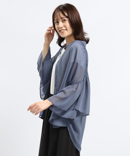 GLOBAL WORK Smile Seed Store（グローバルワーク スマイルシードストア）の「袖フレアシアーチュニック5分袖/135216（シャツ/ブラウス・レディース・ライトグレー/ブルー系その他4/ブラック・MEDIUM/LARGE）」の5枚目の写真