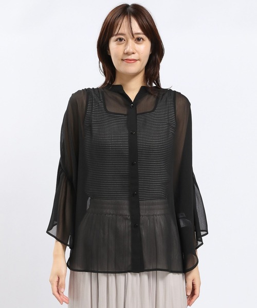 GLOBAL WORK Smile Seed Store（グローバルワーク スマイルシードストア）の「袖フレアシアーチュニック5分袖/135216（シャツ/ブラウス・レディース・ライトグレー/ブルー系その他4/ブラック・MEDIUM/LARGE）」の4枚目の写真