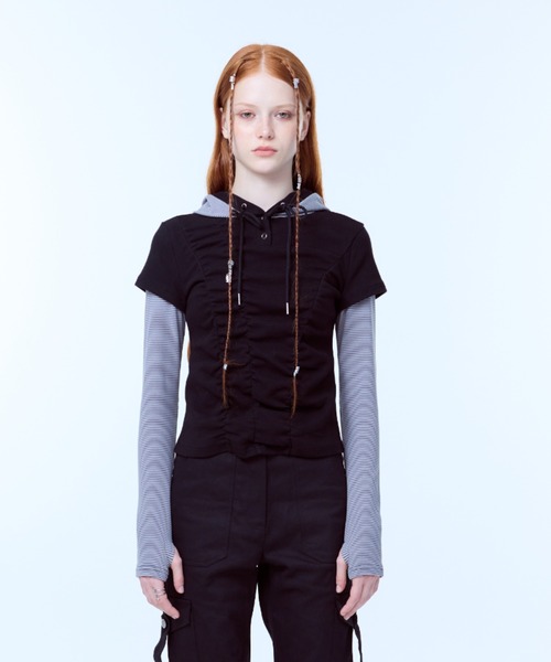 LUVISTRUE(ラヴイズトゥルー)の「PA STRIPE HOODIE TEE(Tシャツ/カットソー・レディース・ブラック/ネイビー・FREE)」の3枚目の写真