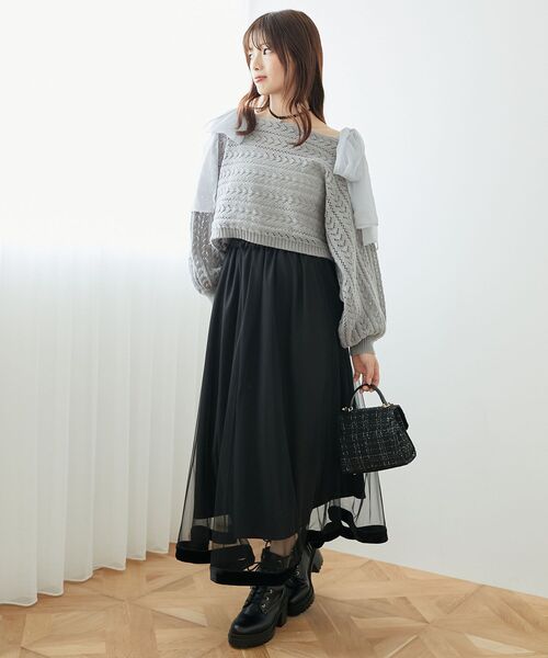 MAJESTIC LEGON（マジェスティックレゴン）の「2WAY肩リボン透かしニット（ニット/セーター・レディース・モカ/ピンク/グレー/アイボリー・MEDIUM）」の7枚目の写真