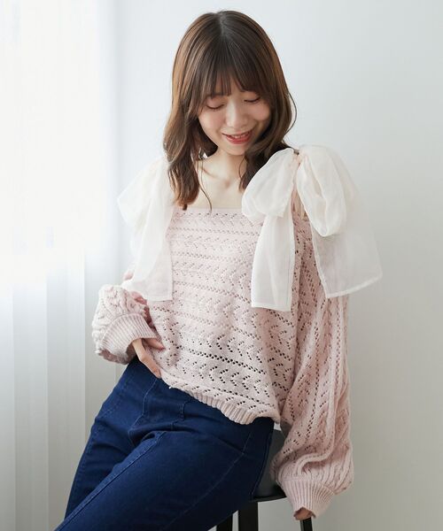 MAJESTIC LEGON（マジェスティックレゴン）の「2WAY肩リボン透かしニット（ニット/セーター・レディース・モカ/ピンク/グレー/アイボリー・MEDIUM）」の18枚目の写真