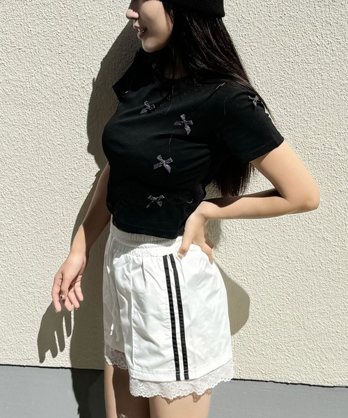 madrepadre(マドレパドレ)の「リボンデザインショート丈半袖Tシャツ(Tシャツ/カットソー・レディース・グレー/ブラック/ホワイト・LARGE)」の12枚目の写真