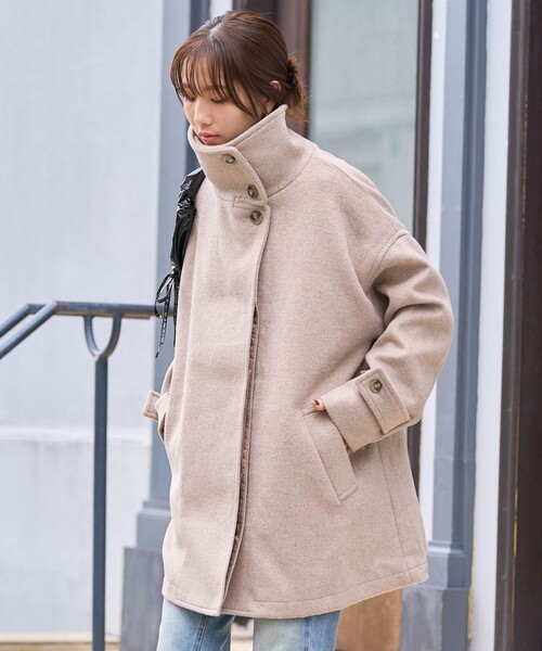 FREAK'S STORE（フリークスストア）の「限定展開　ビッグ スタンドカラー ミドル ウールコート（ダウンジャケット/コート・レディース・ブラック/ベージュ/ネイビー/ライトグレー/ブラウン・ﾌﾘ-）」の8枚目の写真